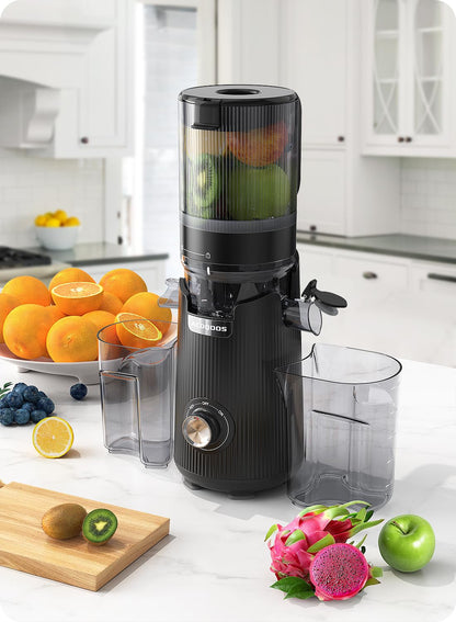 ACOQOOS Juicer Machines, Cold Press Juicer Whole Fruit and Vegetable with 5.3" Wider and Larger Feeding Chute (Capacity 1.8L), Easy to Clean Juicers with 2 Cups, Masticating Juicer Black