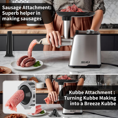 EBEAKA Electric Meat Grinder & Sausage Stuffer Maker, Heavy Duty Meat Mincer with Stainless Steel Blades & 3 Grinding Plates, Food Grinder with Kubbe Kit & Sausage Stuffer Tubes for Home Kitchen Use