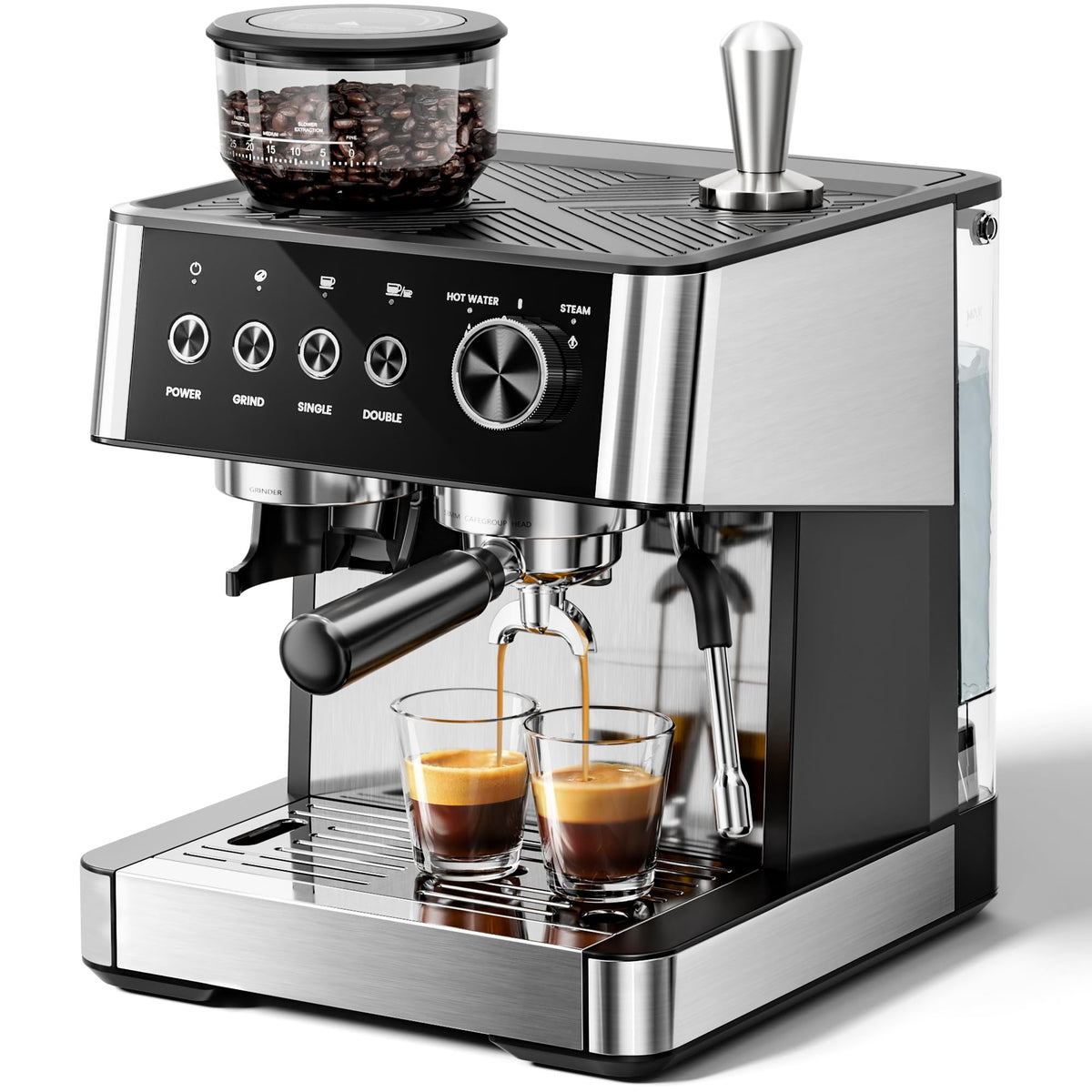 Ekspresy do kawy Kismile z młynkiem, 20-barowy profesjonalny ekspres do kawy z wyjmowanym zbiornikiem na wodę, dyszą spieniającą mleko do latte i cappuccino, idealne do domu/biura (CZARNY)