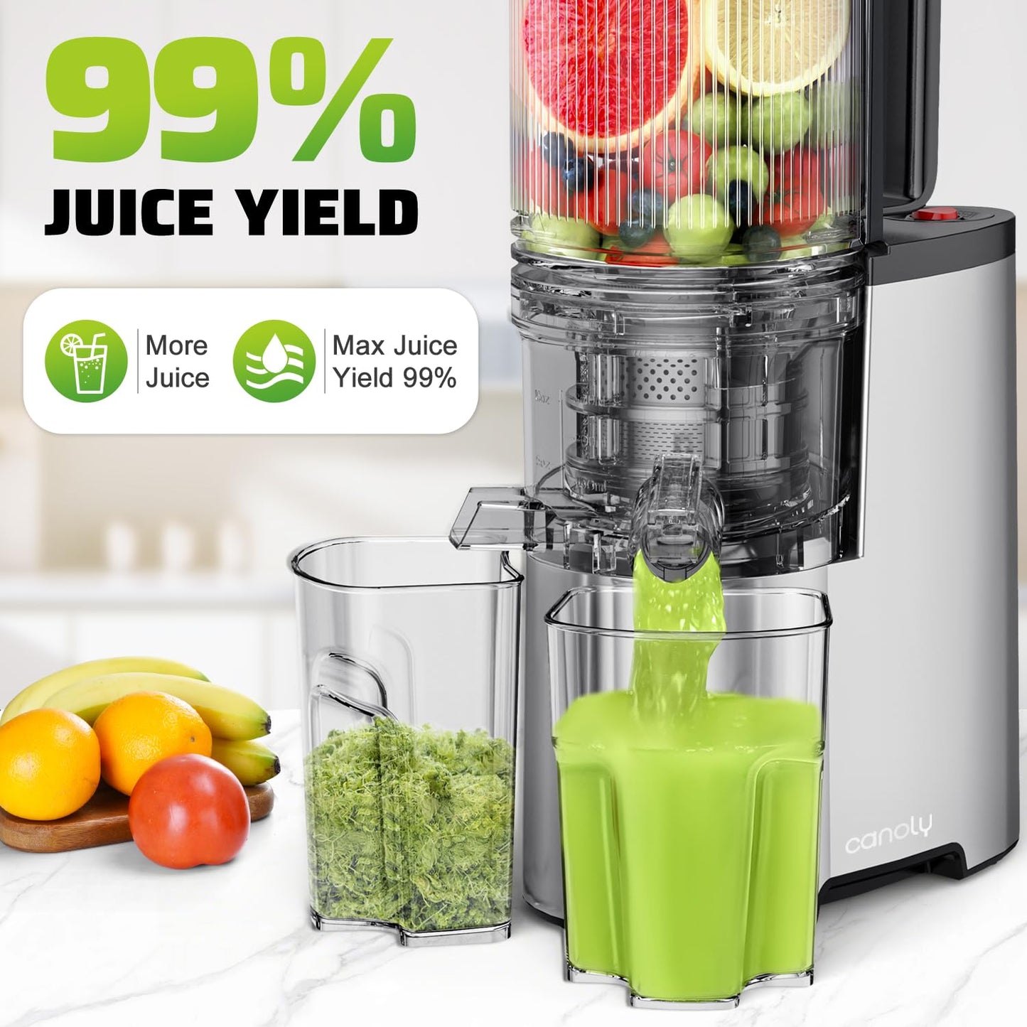 Cold Press Juicer, 5.4" Wide Feed Chute Juicers with 350w Power Motor, Slow Masticating Juicer Machine with High Juice Yield for Whole Vegetables & Fruits, Easy to Clean, Classic Silver