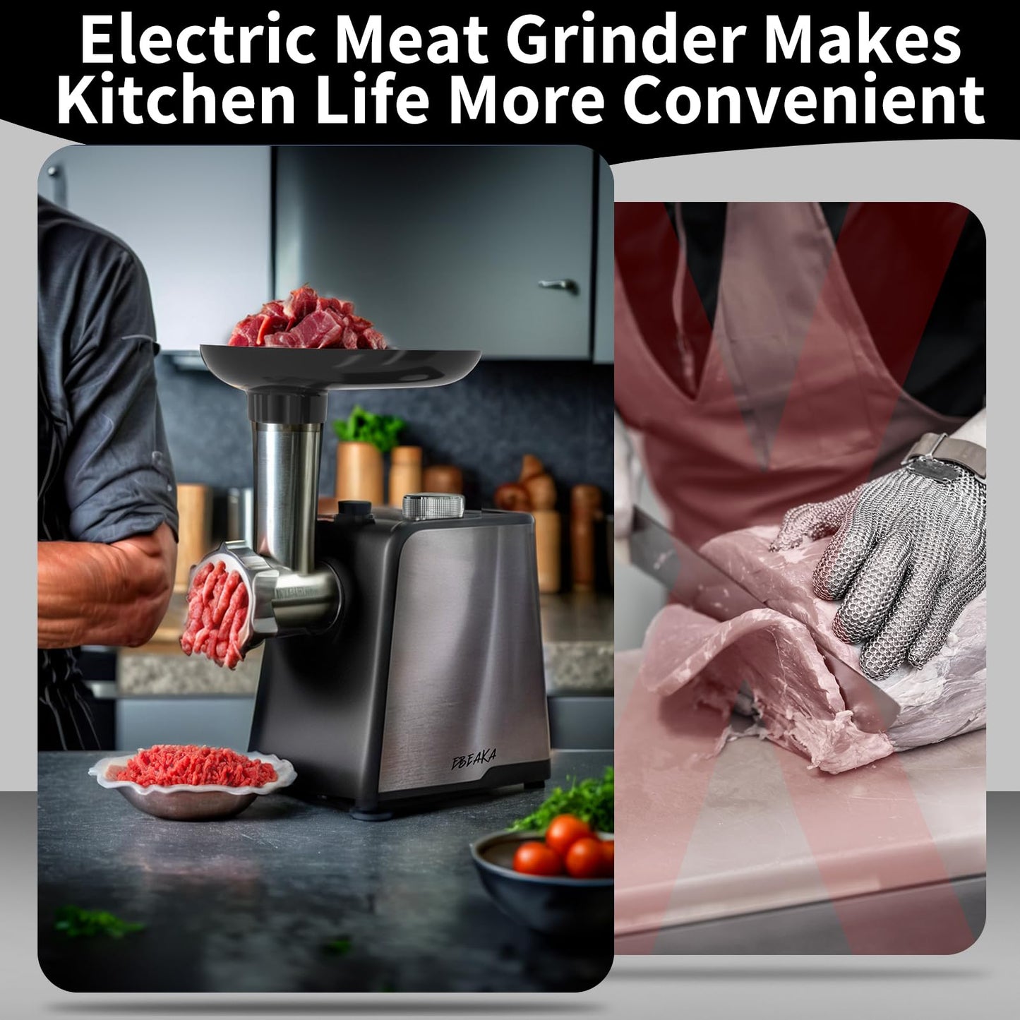 EBEAKA Electric Meat Grinder & Sausage Stuffer Maker, Heavy Duty Meat Mincer with Stainless Steel Blades & 3 Grinding Plates, Food Grinder with Kubbe Kit & Sausage Stuffer Tubes for Home Kitchen Use