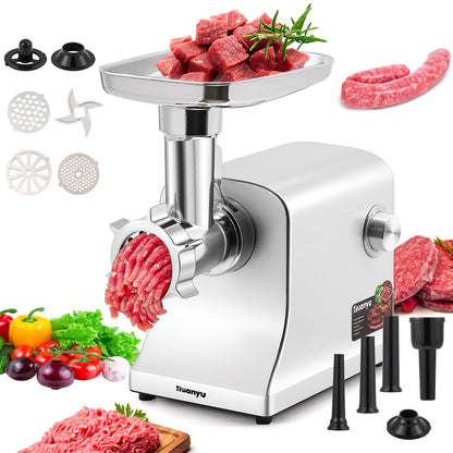 Huanyu Meat Grinder Electric 2800W Max Meats Mincer with Stainless Steel Blade&3 Plates, 3 Sausage Stuffers, Kubbe Kits Heavy Duty Food Grinding Machine for Home Kitchen & Commercial Using