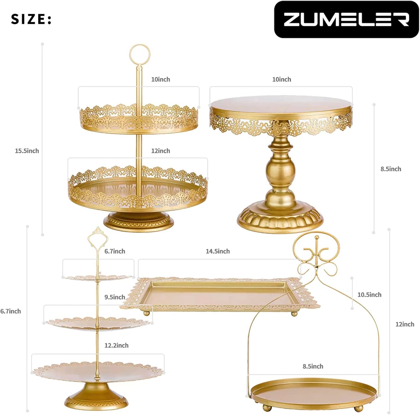 ZUMELER Gold 5Pcs Cake Stands Set Metal Round Cupcake Holder Cookies Dessert Display Plate Serving Tower Tray Platter with Handl for Baby Shower Wedding Birthday Party Celebration