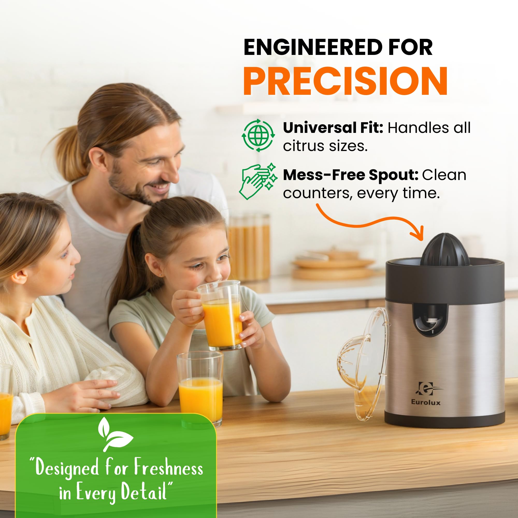 Eurolux Electric Orange Juicer, Sleek Effortless Citrus Juice Squeezer for Lemon, Lime, Grapefruit | Powerful Motor, Easy to Clean, Removable Dishwasher-Safe Parts
