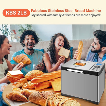 KBS 2LB Bread Maker, 19-in-1 Automatic Bread Machine Stainless Steel with Ceramic Pan,15H Timer&1H Keep Warm, Sourdough, Gluten-Free, 650W Bread Maker Machine with 3 Loaf Sizes 3 Crust Colors, Recipes