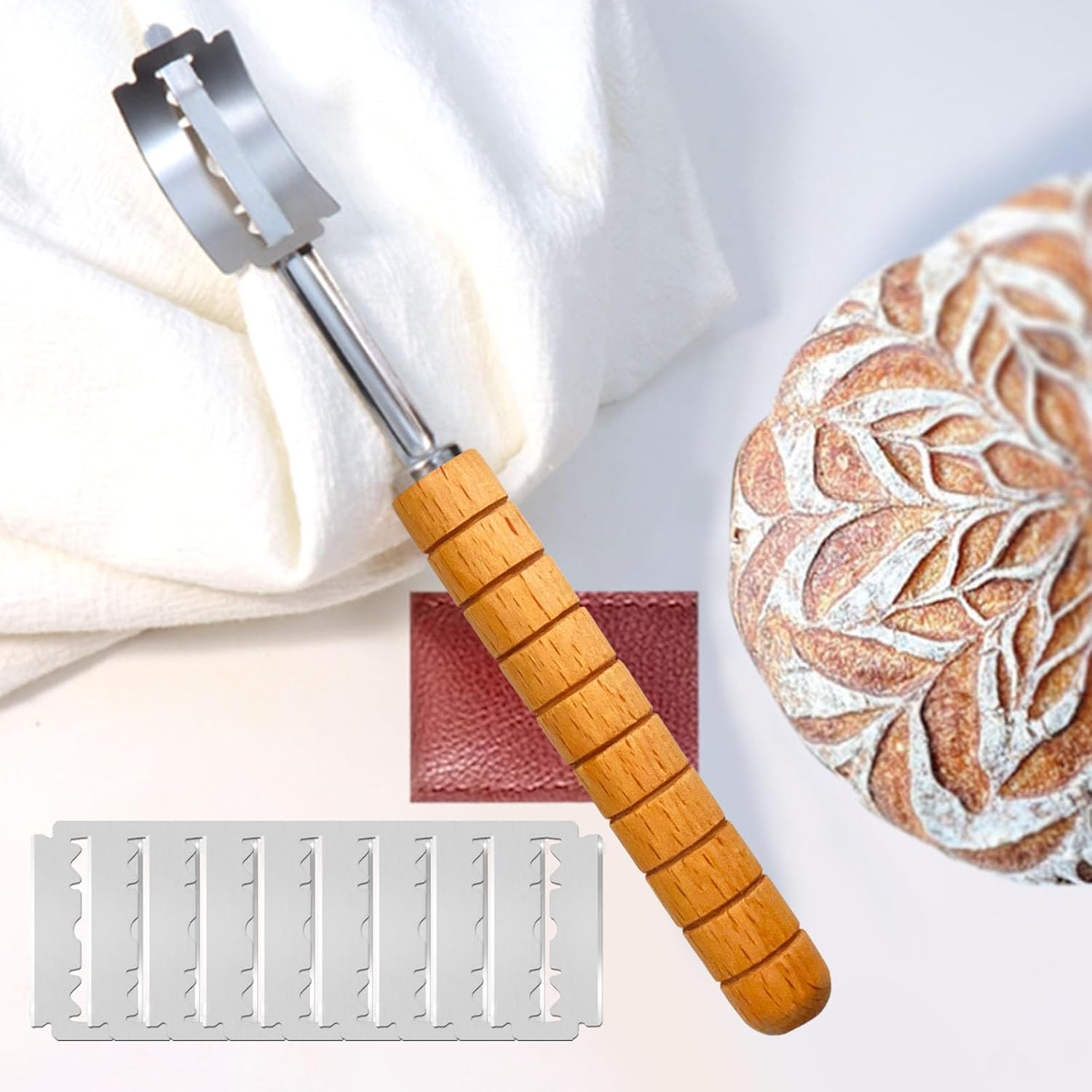 Hand Crafted Bread Lame, Bread Scoring Tool/Bread Knives, Lame Bread Tool Sets for Sourdough Scoring Tool, Sourdough Bread Baking Supplies with 10 Blades Replacement, burlywood
