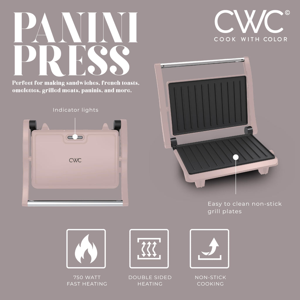 COOK WITH COLOR Panini Maker: 2-Slice Press Grill, 760W Power, Non-Stick Plates, Cool Touch Handle, Compact Design, Fast Cooking - Ideal for Delicious Paninis, Pink