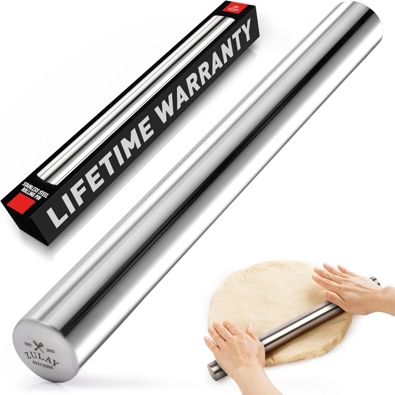 Zulay Kitchen 15.9 inch Professional Stainless Steel Rolling Pin - Lightweight Metal French Rolling Pin - Perfect for Baking, Fondant, Pizza Dough Roller, Dumpling