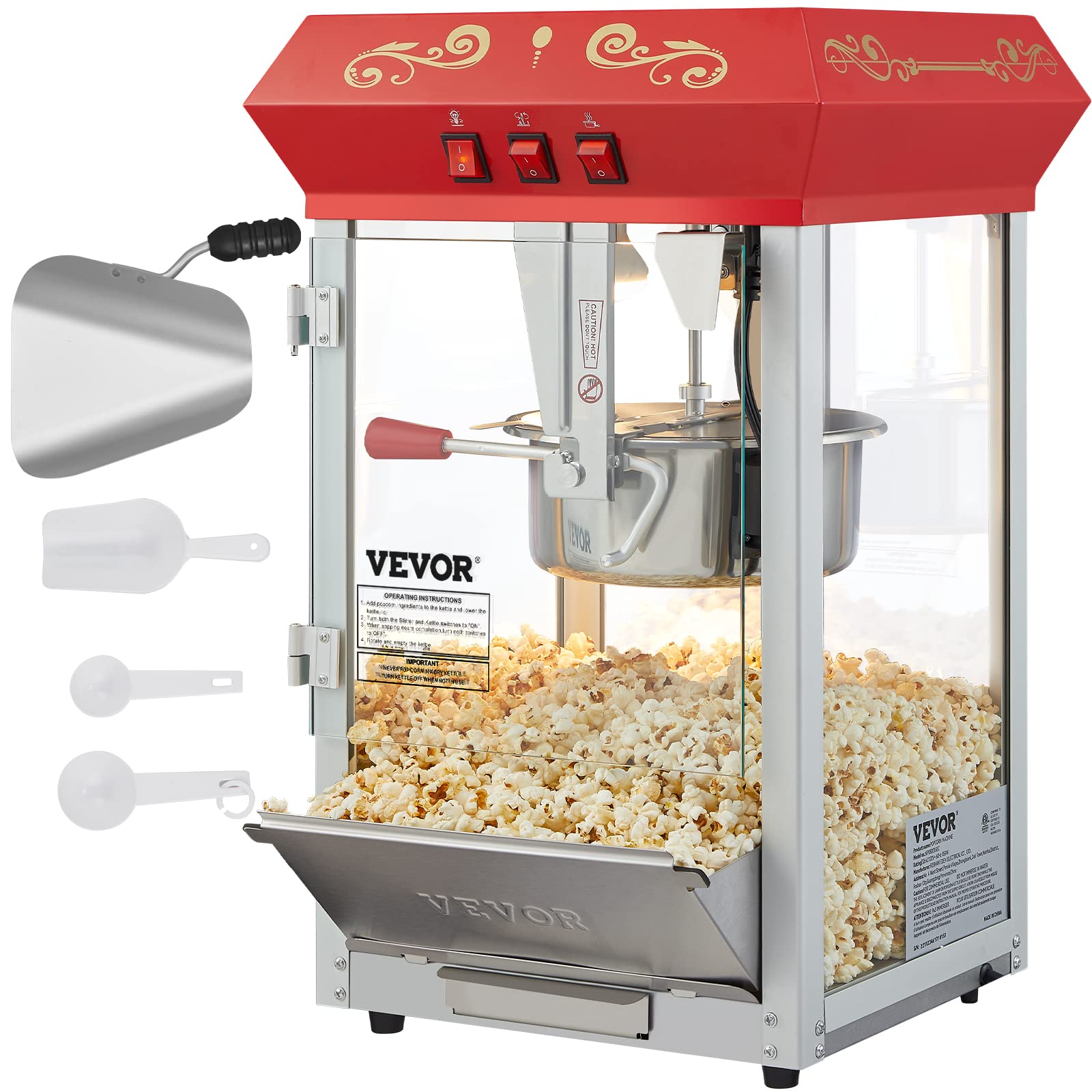 VEVOR Komercyjna maszyna do popcornu, czajnik 8 oz, 850 W, maszyna do popcornu na blat, do 48 filiżanek na partię, styl teatralny, z 3-przełącznikową ramą stalową, drzwiami ze szkła hartowanego, 2 gałki, 2 łyżki, kolor czerwony