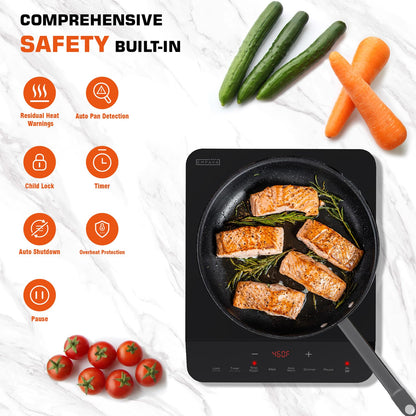 Empava Portable Induction Hot Plate Cooktop, Single 1 Burner Countertop Cooker, 3 Preset Modes, Shatter-proof Flat Glass Top, 110~120 Volt Plug in Electric Stove for Kitchen, Outdoor Camping, RV