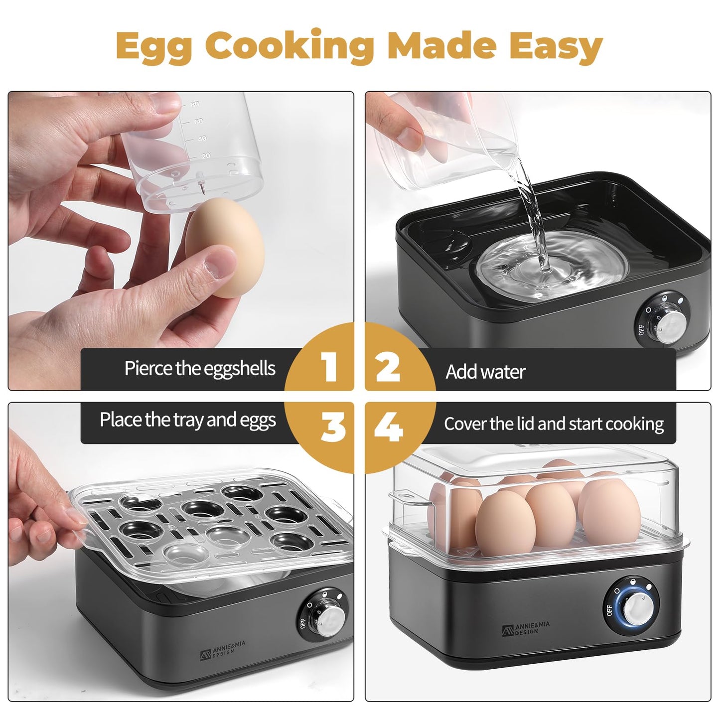 Annie & Mia Design Electric Egg Cooker, Stainless Steel 8 Egg Capacity egg boiler, 500W, Hard, Medium, Soft Boiled Egg Poacher, egg steamer, Multi-function, Knob Controled Auto Shut-Off Function