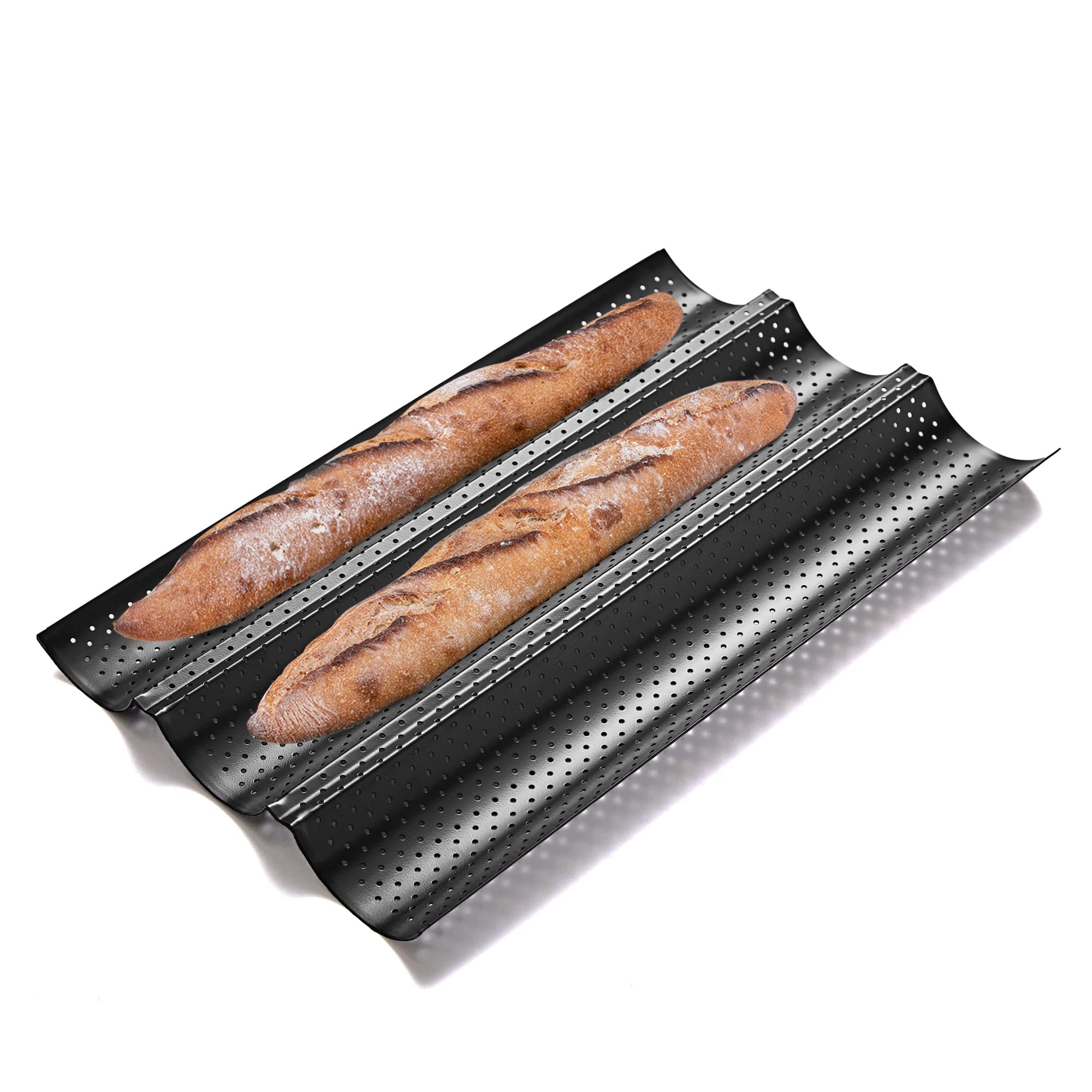 KITESSENSU Nonstick Baguette Pans for French Bread Baking, Perforated 4 Loaves Baguettes Bakery Tray, 15" x 13", Silver