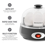 Elite Gourmet EGC007CHC# Швидковарна яєчня, 7 легко очищуваних, зварених твердих, середніх та некрутих яєць, поачер, омлетниця, автоматичне вимкнення, сигналізація, буклет з 16 рецептами, темно-сірий колір
