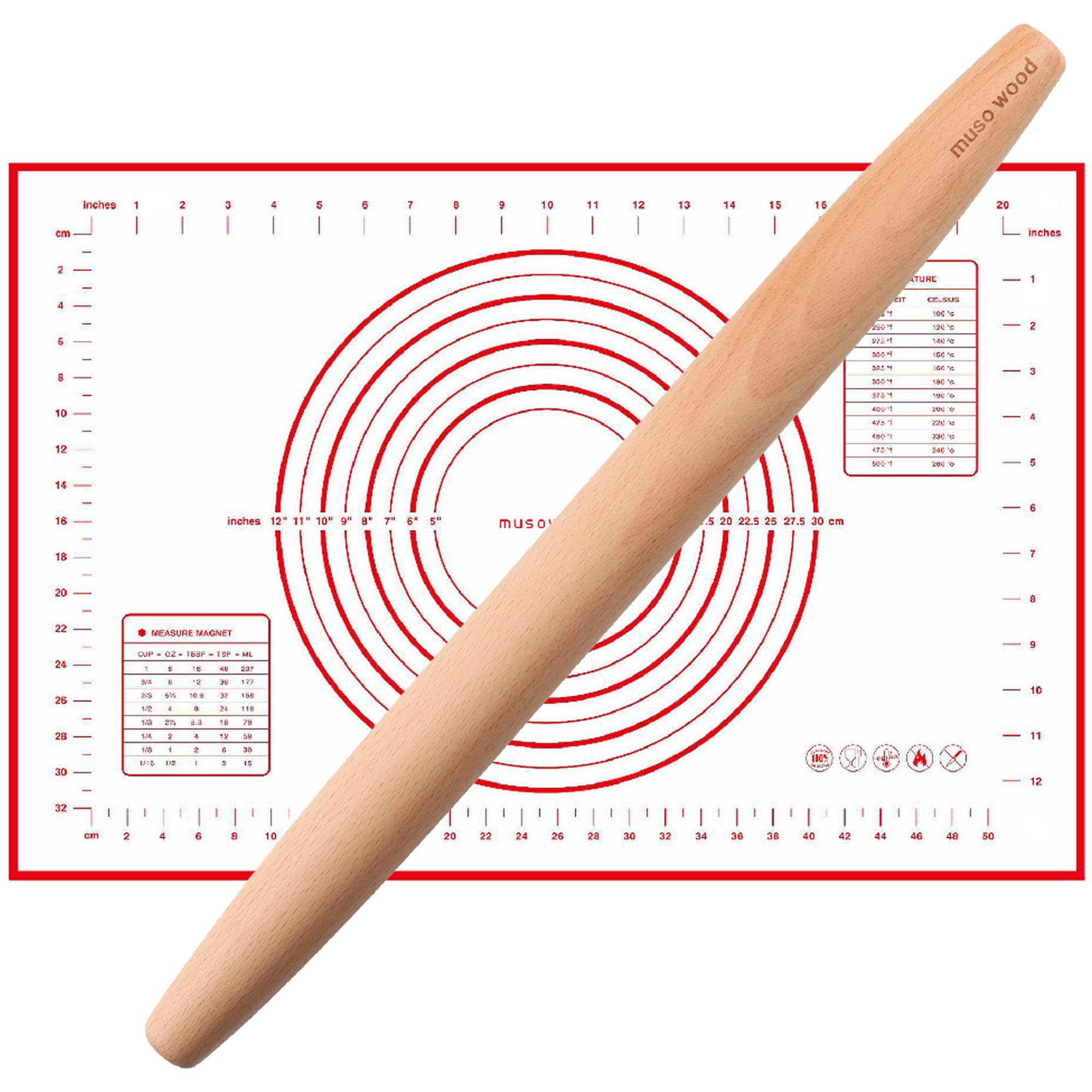 Muso Wood Wooden French Rolling Pin for Baking, Beech Wood Tapered Rolling Pin for Fondant Pie Crust Cookie Pastry(French 15.75-Inch)