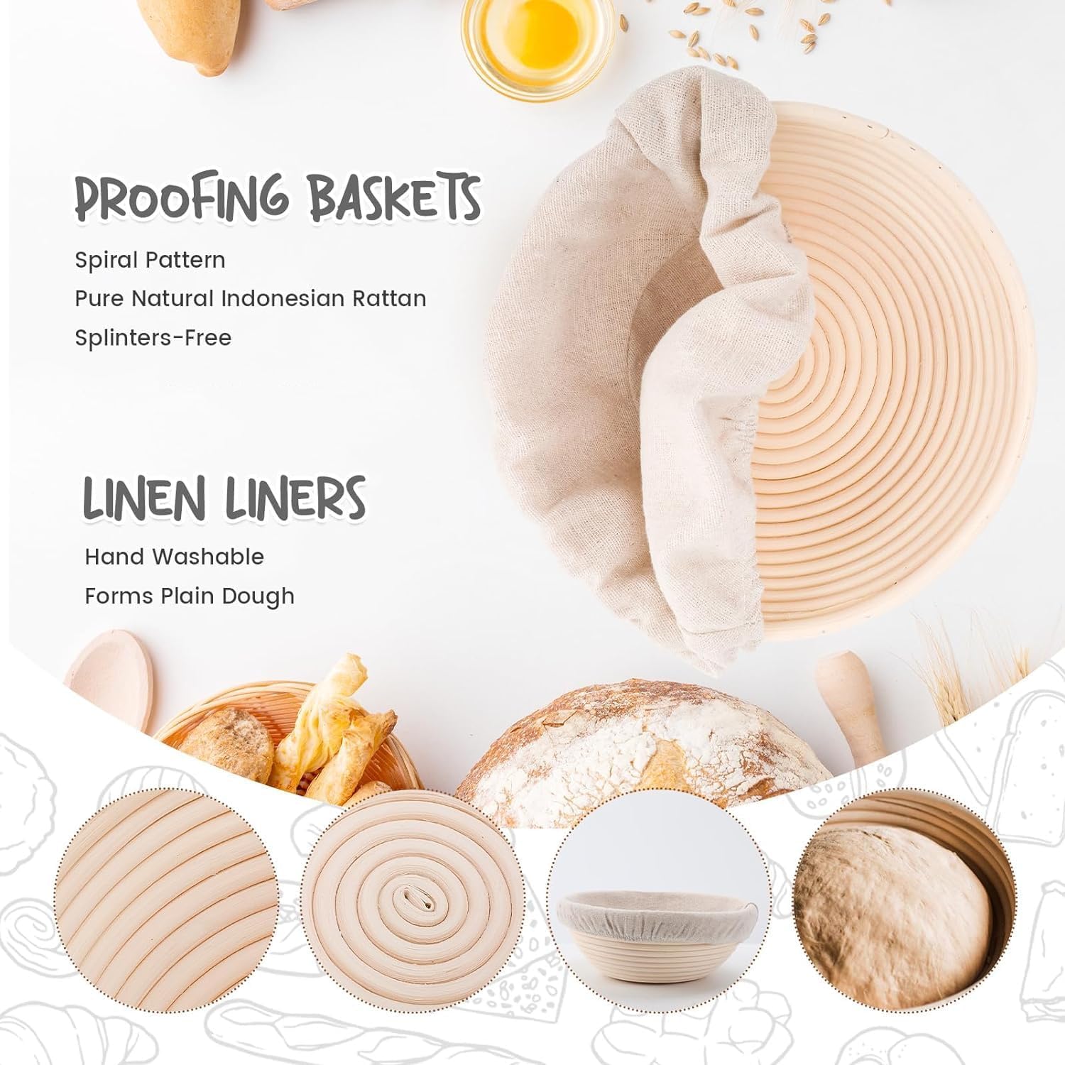 Bread Proofing Baskets Set of 2 8.5 inch Round Dough Proofing Bowls w/Liners Perfect for Home Sourdough Bakers Baking