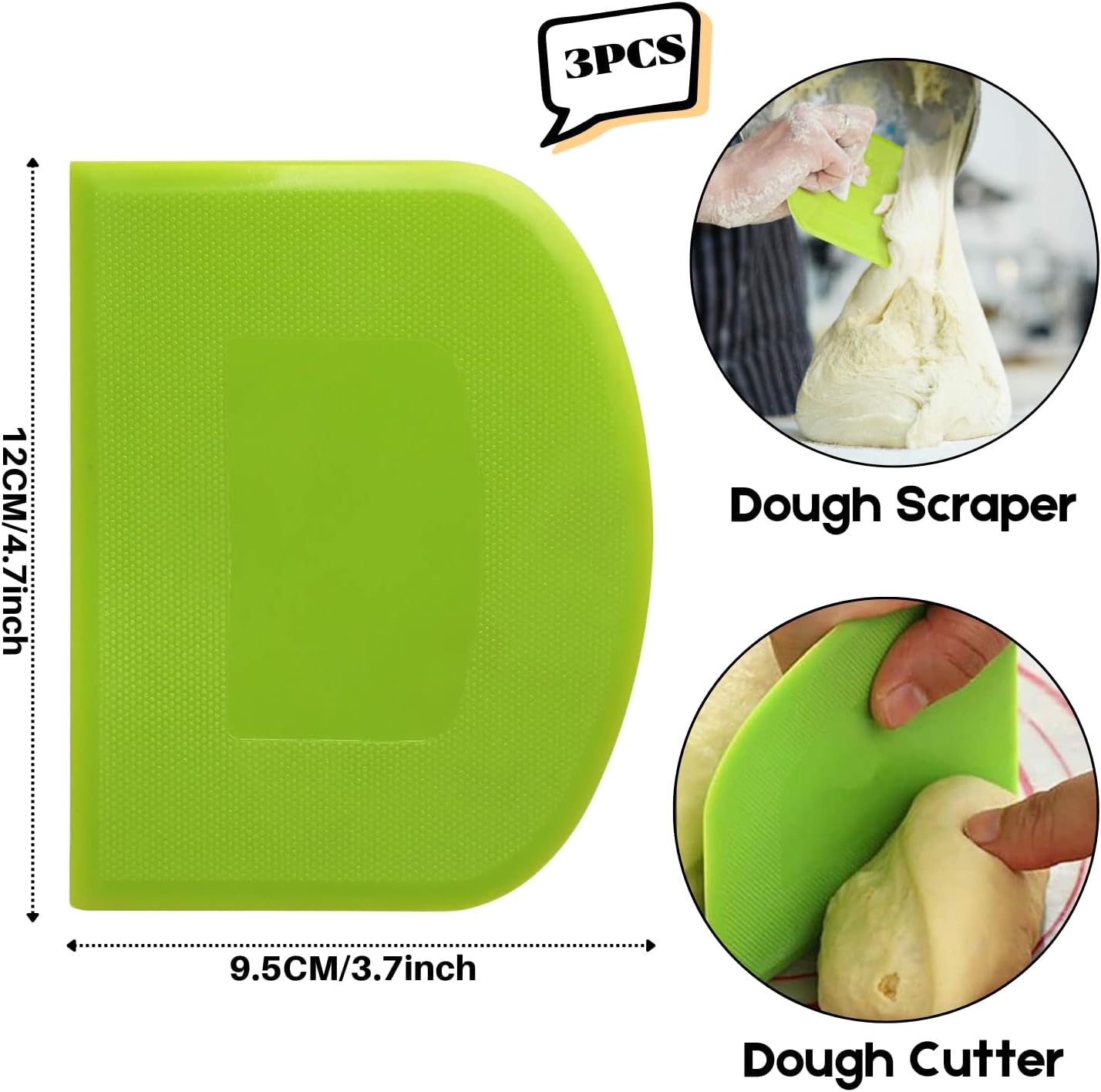SURDOCA Dough Scraper Bench Scraper - 3P 4.7x3.7" Plastic Flexible Bowl Scraper, Sharp Edge & Angles Cake Scraper. Non-Slip Bakeware Decorating Tools Sculpting & Modeling Tools - Green+White+Green