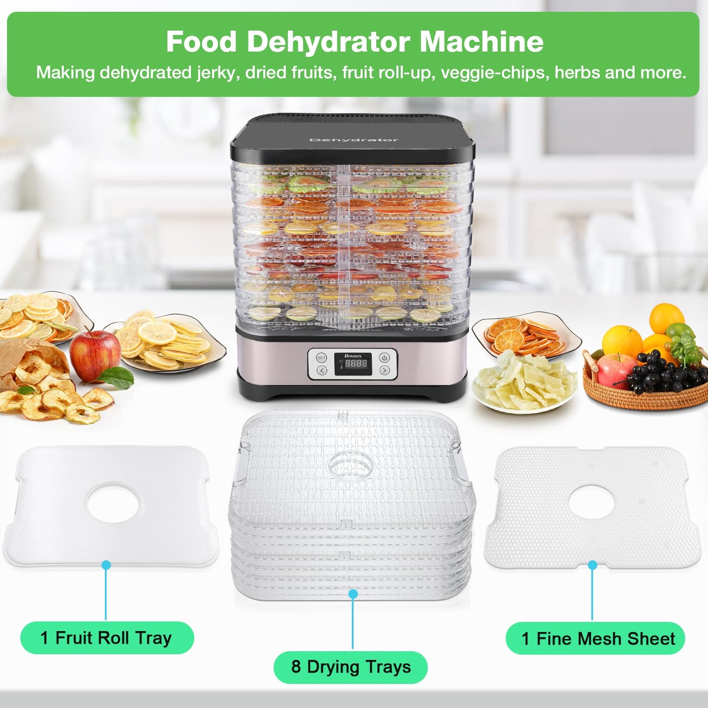 Homdox Food Dehydrator, 8 BPA-Free Trays Meat Dehydrator for Jerky with 72H Timer and Temperature Control, 400W Dehydrator for Food and Jerky, Fruit, Dog Treats, Herbs, Snacks, Fruit Roll Sheet