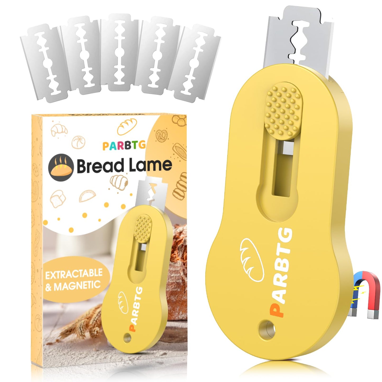 Bread Lame Dough Scoring Tool, Extractable & Magnetic Sourdough Scoring Tool for Sourdough Bread Baking, Bread Making, Bread Scoring Tool with 5 Razor Blades, Scoring Patterns booklet, Blue