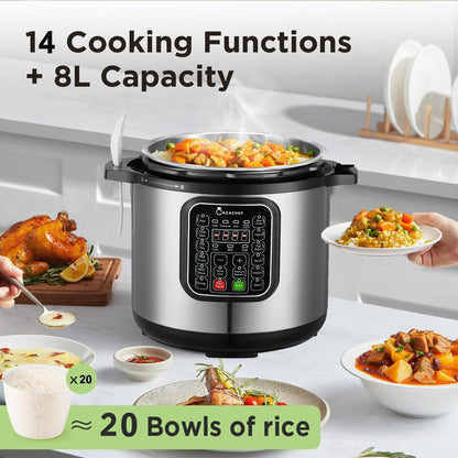 CAZACHEF 8qt stainless steel Pressure Cooker | 24-hour Presetting electric rice cooker, 14 in 1 slow cooker with temperature control | LED Multifunction Steamer, Food Warmer with nonstick pot