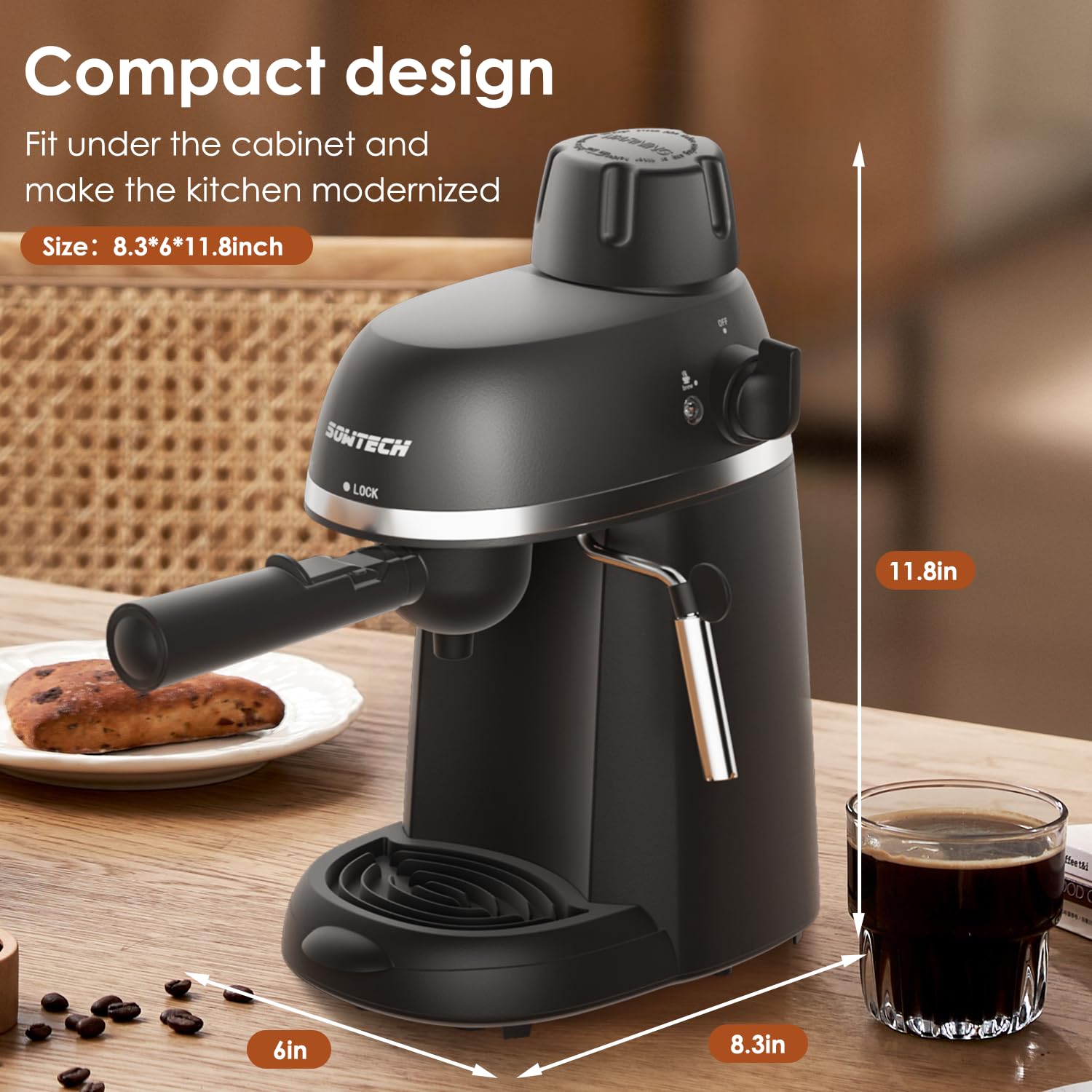 Ekspres do kawy SOWTECH, 3,5-barowy ekspres do espresso i cappuccino ze spieniaczem do mleka, 1-4 filiżanek przenośny ekspres do kawy do latte, cappuccino, 800 W, czarny