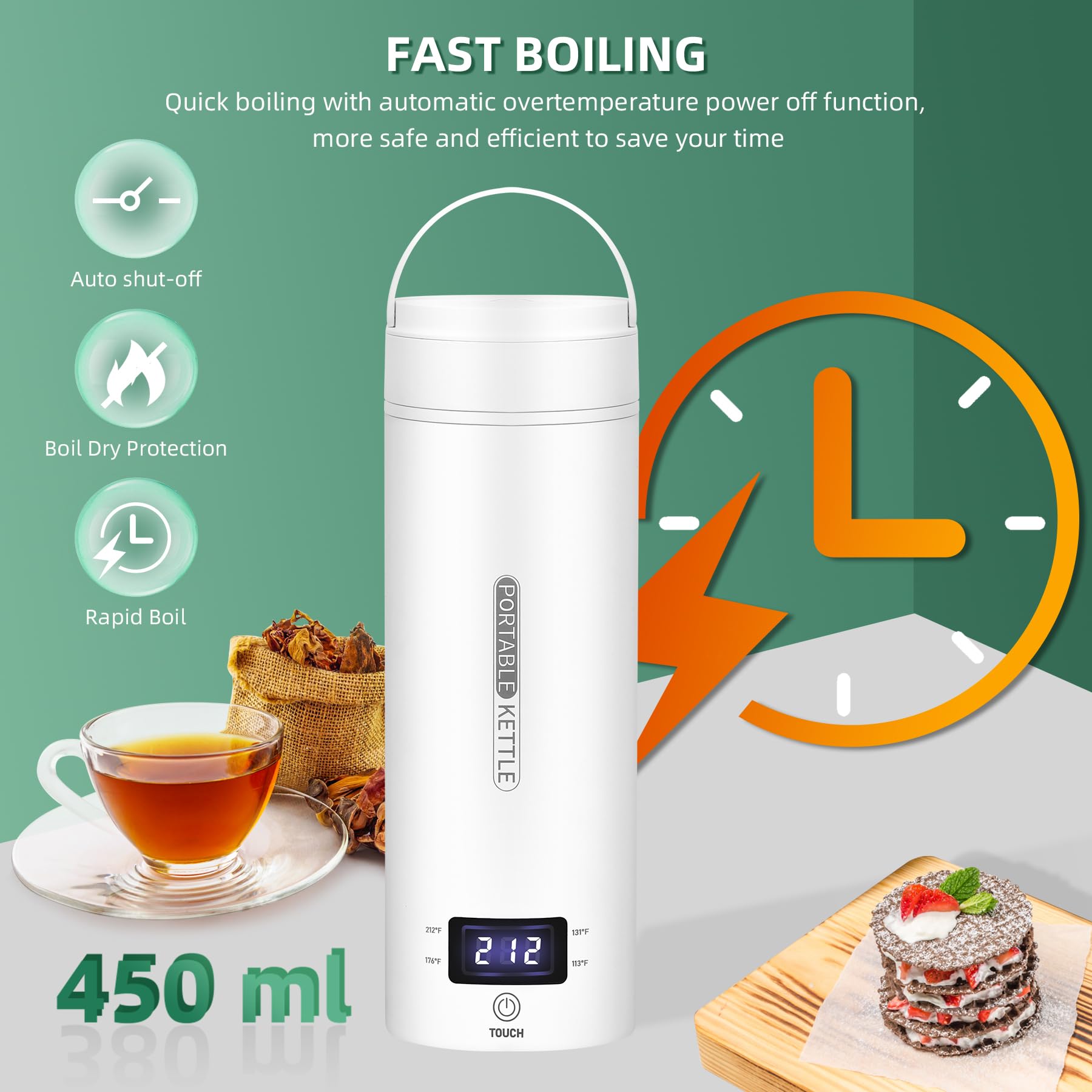 Портативний міні-чайник для подорожей, кавоварка, водонагрівач з 4-ступінчастим контролем температури, нержавіюча сталь 304 з автоматичним вимкненням та захистом від кипіння, без BPA (білий)