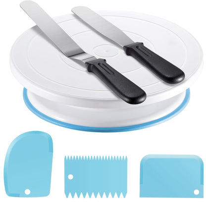 Kootek Cake Decorating Kit Baking Supplies Cake Turntable with 2 Frosting Straight Angled Spatula 3 Icing Smoother Scrapers Baking Accessories Tools for Beginners and Pros, White