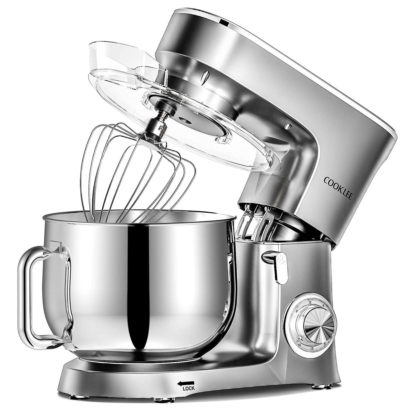 COOKLEE Stand Mixer, 8.5 Qt. 660W 10-Speed Electric Kitchen Mixer with Dishwasher-Safe Dough Hooks, Flat Beaters, Wire Whip & Pouring Shield Attachments for Most Home Cooks, Silver