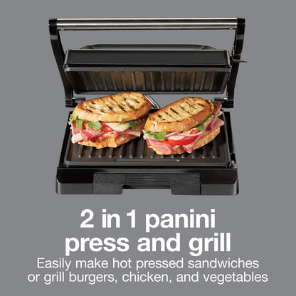 Proctor Silex Panini Press Sandwich Maker and Electric Indoor Grill, 1000 watts, Easy Clean Nonstick Grids, Compact Upright Storage, Black (25440PS)