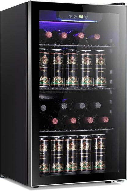 Antarctic Star 26 Bottle 130 Can Wine Cooler/Cabinet Beverage Refrigerator Mini Wine Cellar Beer Soda Clear Glass Door Bar Fridge Quiet Compressor Adjust Temp Freestanding Indoor Use 3.2cu.ft Black