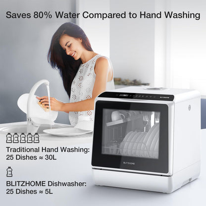 BLITZHOME Portable Dishwasher Countertop, WIFI Smart Dishwasher, Compact Dishwashers with 5L Built-in Water Tank, 6 Programs, 360° Dual Spray, High-Temp& Air-Dry Function, Fruit Cleaning