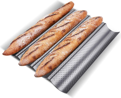 KITESSENSU Nonstick Baguette Pans for French Bread Baking, Perforated 4 Loaves Baguettes Bakery Tray, 15" x 13", Silver
