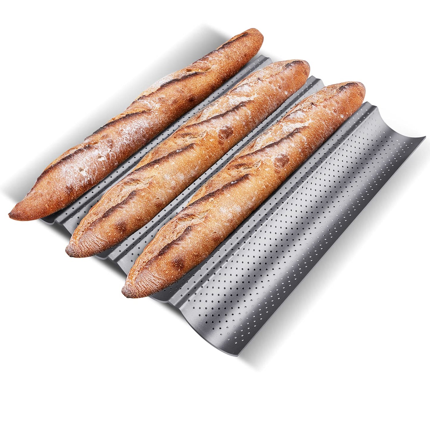 KITESSENSU Nonstick Baguette Pans for French Bread Baking, Perforated 2 Loaves Baguettes Bakery Tray, 15" x 6.3", Silver