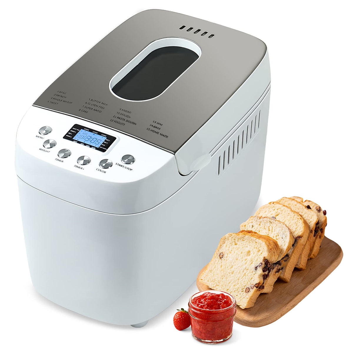 Patioer 3LB Bread Maker Machine Automatyczna maszyna do pieczenia chleba z podwójnymi mieszadłami 15 w 1 Maszyna do pieczenia chleba z ustawieniem bezglutenowym, 3 rozmiary bochenków 3 kolory skórki, nieprzywierająca blacha do pieczenia, biała