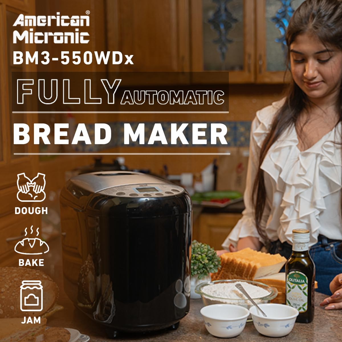 AMERICAN MIKRONIC - Maszyna do pieczenia chleba z 19 wstępnie zaprogramowanymi menu, w tym bezglutenowe, 3 kolory skórki, wyświetlacz LCD i mocą 550 W, blat ze stali nierdzewnej - model AMI-BM3-550WDx (czarny i stalowy)