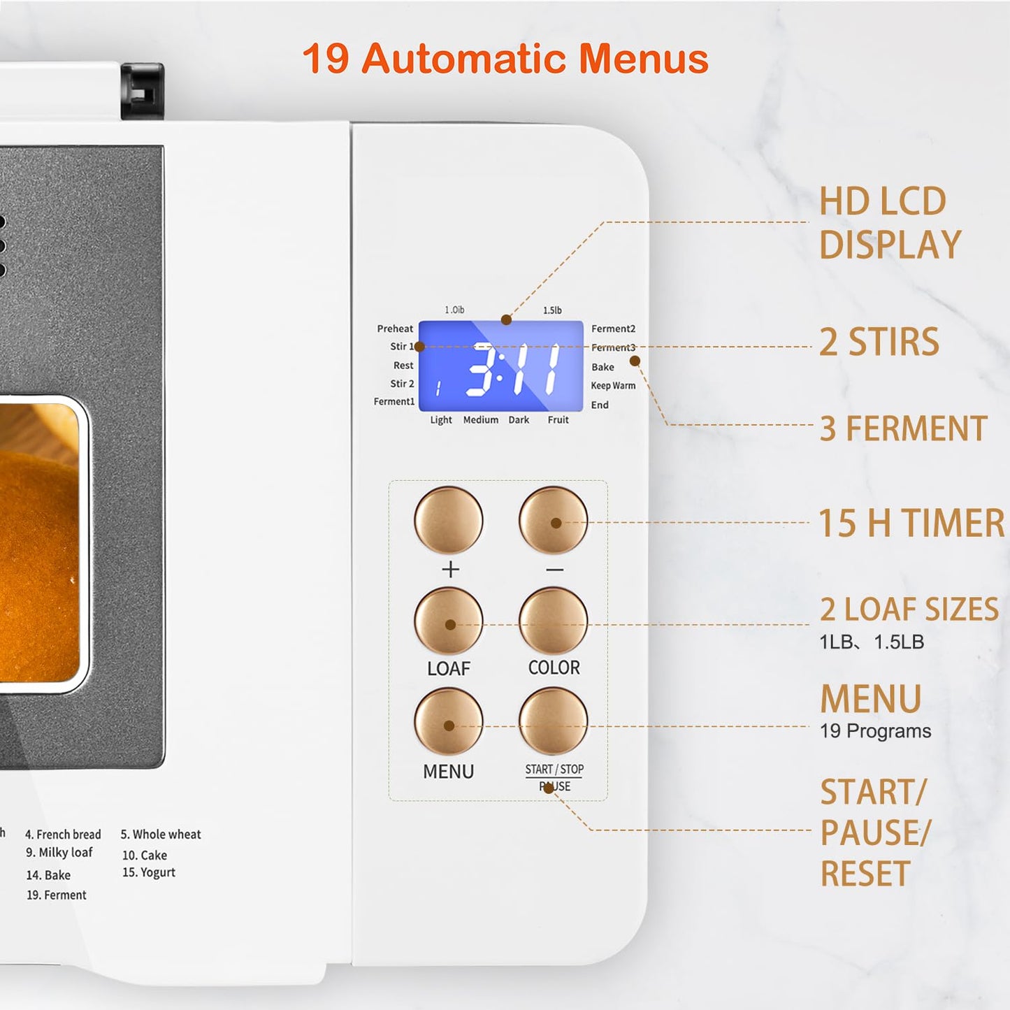 19-in-1 Smart Dual Heaters Bread Maker With Heat-Conductive Nonstick Ceramic Pan, Quiet Bread Machine with 15H Timer & 1H Keep Warm, Stainless Steel BreadMaker with French, Gluten-Free,Sourdough