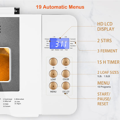 19-in-1 Smart Dual Heaters Bread Maker With Heat-Conductive Nonstick Ceramic Pan, Quiet Bread Machine with 15H Timer & 1H Keep Warm, Stainless Steel BreadMaker with French, Gluten-Free,Sourdough