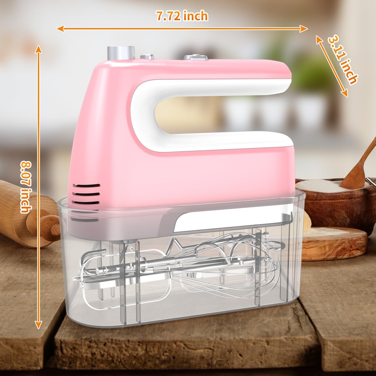 Yalame Hand Mixer Electric, 5-Speed 400W Motor, Hand Mixer Electric Handheld, Mixer Electric Handheld with Turbo Boost & Storage Case, 2x Flat Beaters, 2x Dough Hooks, 1x Whisk for Baking (Pink)