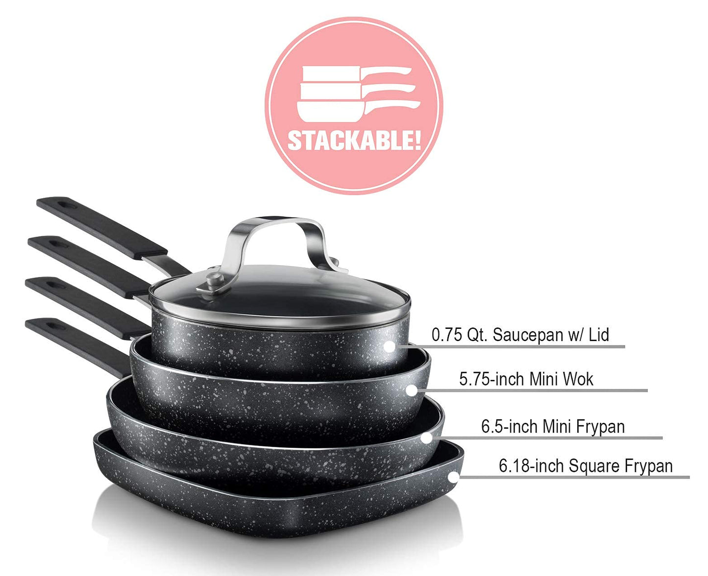 Granitestone Original Stackmaster 5 Piece Mini Cookware Set, Scratch-Resistant Nonstick Pots and Pans, Granite-coated Anodized Aluminum Dishwasher Safe PFOA-Free Stackable Cooking Set As Seen On TV