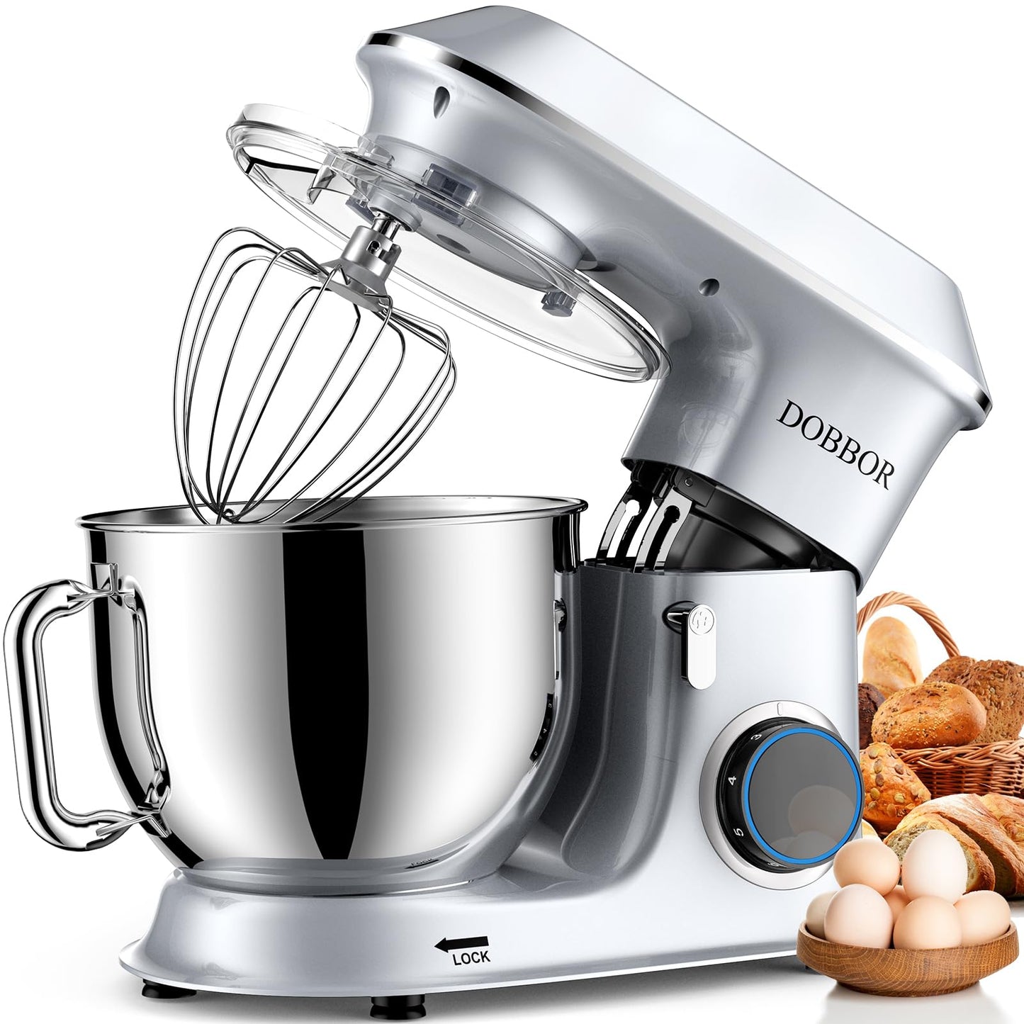 DOBBOR Electric Stand mixer, 9.5QT 660W 7Speeds Tilt-Head Dough Mixers, Bread Mixer with Dough Hook, Whisk, Beater, Splash Guard for Baking Bread, Cake, Cookie, Pizza, Muffin, Salad and More - Silver