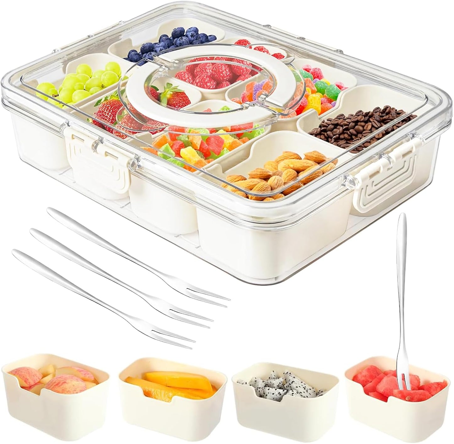 Snackle Box Container,Portable Snack Box 8 Compartment Divided Serving Tray with Lid and Handle,Clear Storage Organizer for Fruit Candy Nuts Veggie-Perfect for Road Travel Party（1 Pack）