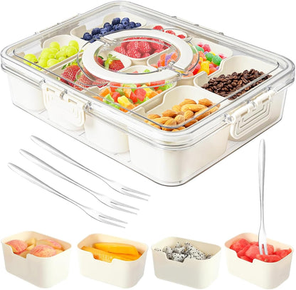 Snackle Box Container,Portable Snack Box 8 Compartment Divided Serving Tray with Lid and Handle,Clear Storage Organizer for Fruit Candy Nuts Veggie-Perfect for Road Travel Party（1 Pack）