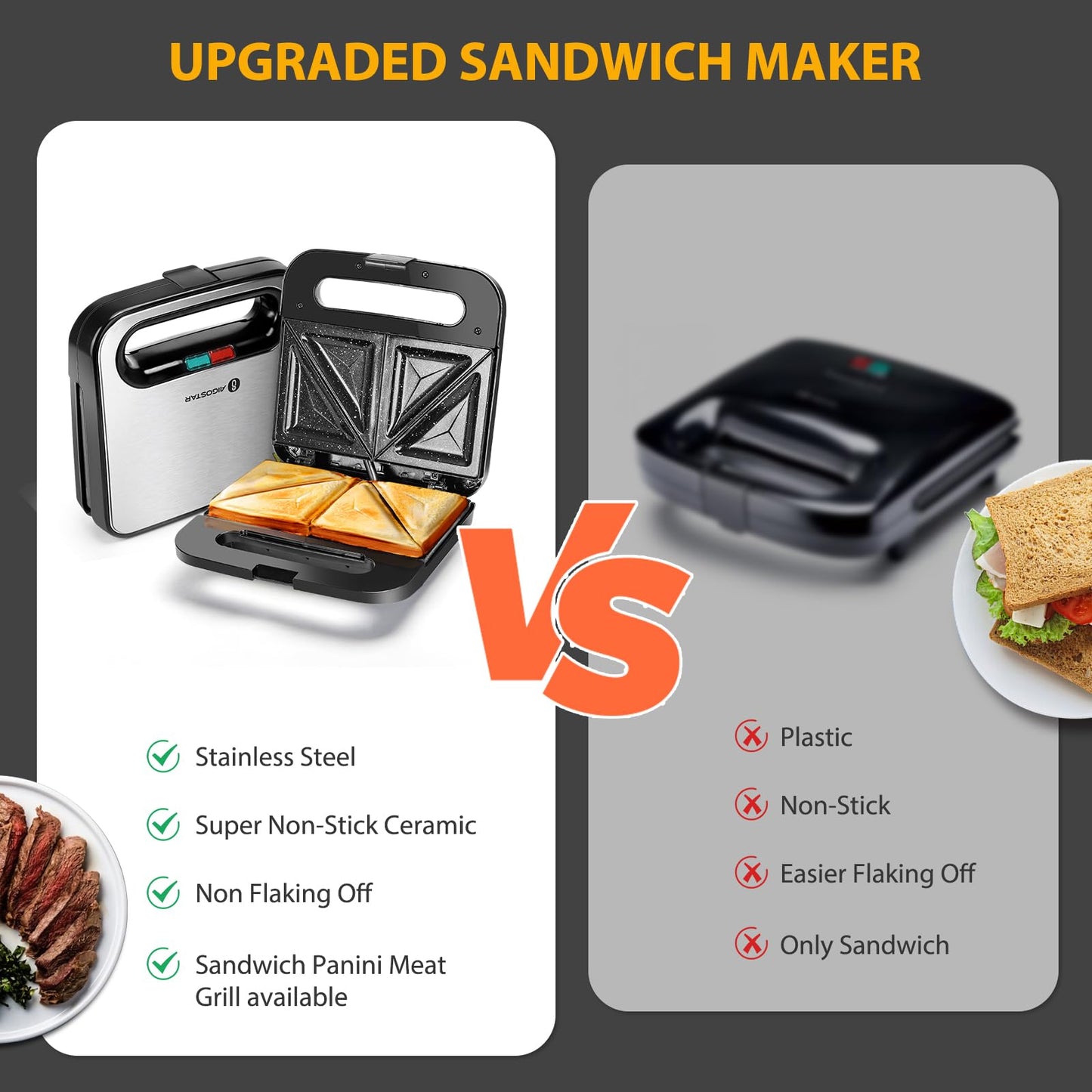 Aigostar Sandwich Maker with Super Nonstick Ceramic Plates, Panini Press Sandwich Toaster Breakfast Electric Grilled Cheese Maker Machine Tuna Melt Omelets Snacks, Tostadora de Pan Stainless Steel