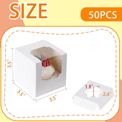 BOOMIBOO 50 Pack Individual Cupcake Containers, Cupcake Boxes with Window, Food Grade Cupcake Holders with Inserts, Stackable Deep Cupcake Carrier (White)