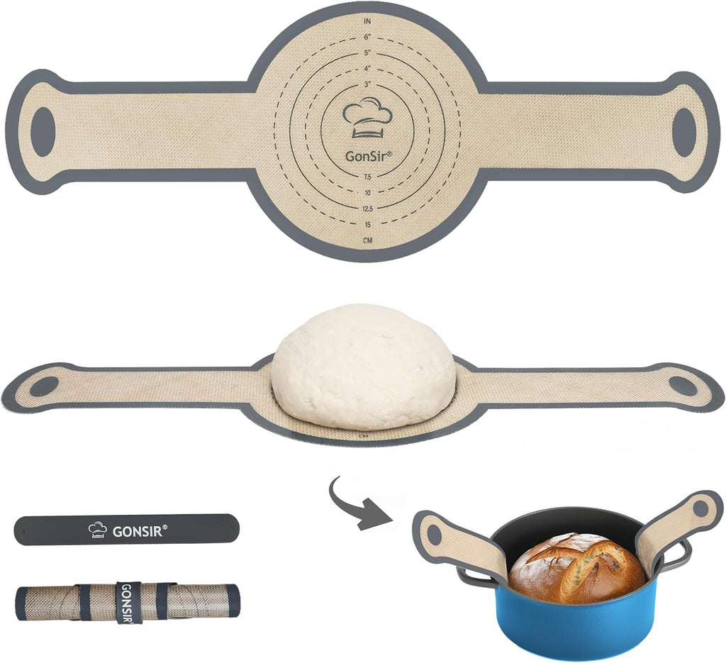 Silicone Bread Sling, 2 Pcs Non-Stick & Easy Clean Dutch Oven Baking Mat with Longer Handles, Silicone Baking Sling to Transfer SourDough Easily, Reusable Bread Mat Set with Storage Bracelets