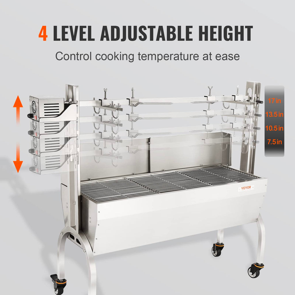 VEVOR Grill rożenowy ze stali nierdzewnej z osłoną przeciwwietrzną, grill węglowy na rożnie do grillowania całej świni, jagnięciny i kozy, silnik elektryczny 50 W, rożen do grillowania wieprzowiny, 46 cali, pojemność 132 funtów