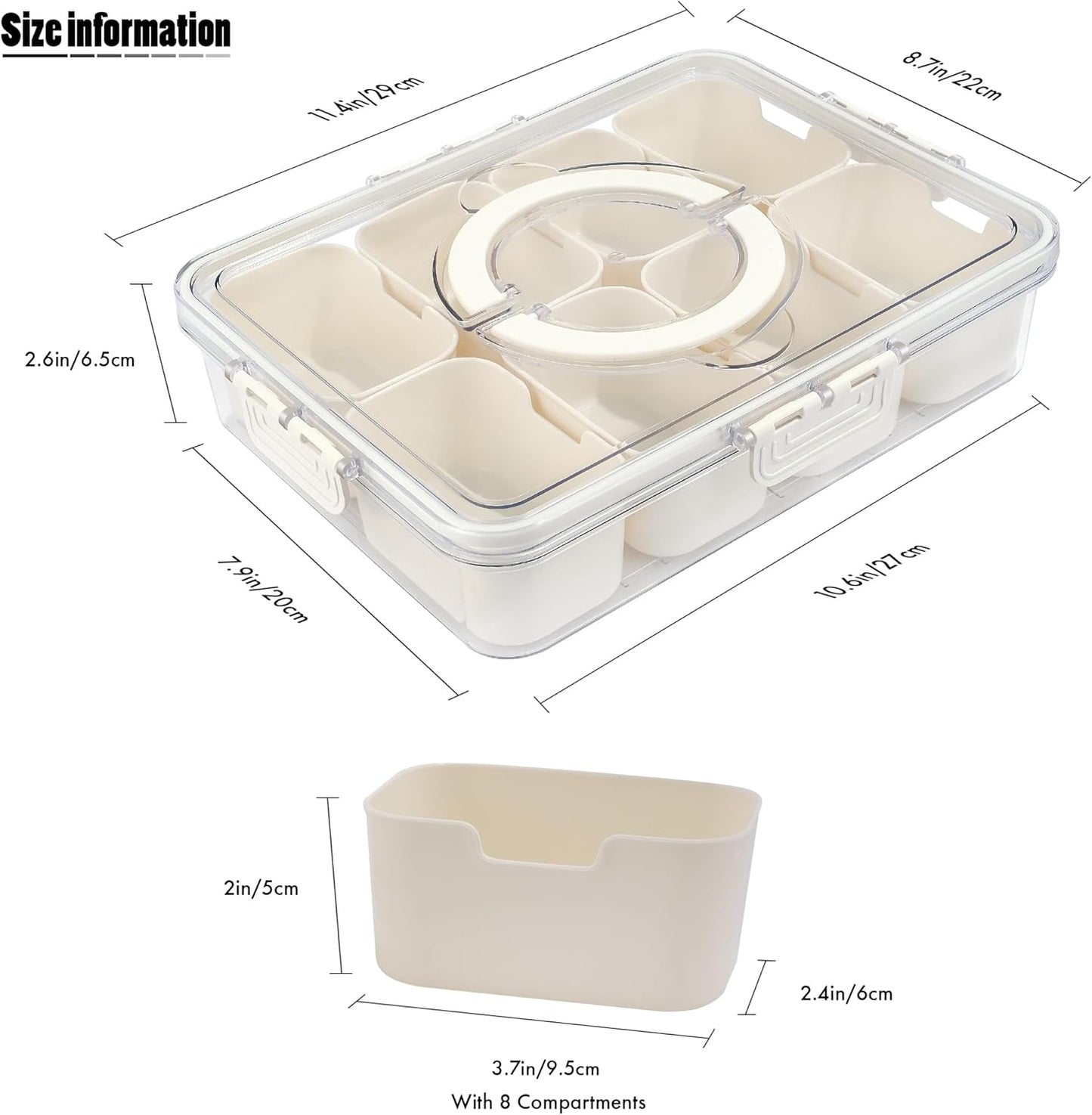 Snackle Box Container, 8 Compartments Divided Serving Tray with Lid and Handle, Portable Snack Box Containers for Veggie Tray Charcuterie Boxes Fruit Storage Candy Organizer (8 Compartments)
