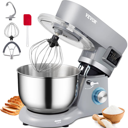 VEVOR Stand Mixer, 660W Electric Dough Mixer with 6 Speeds LCD Screen Timing, Tilt-Head Food Mixer with 5.8 Qt Stainless Steel Bowl, Dough Hook, Flat Beater, Whisk, Scraper, Splash-Proof Cover - Gray