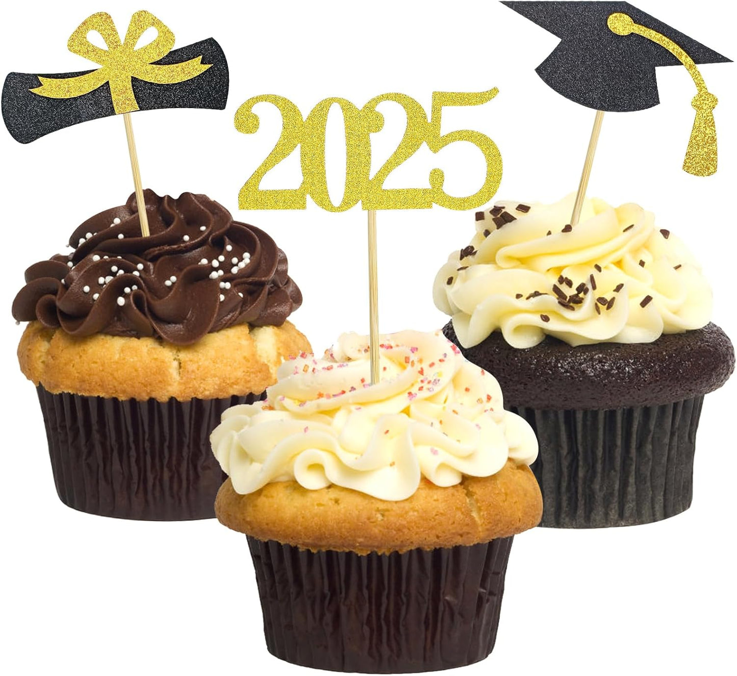 Graduation Cupcake Toppers 2025,48 PCS Graduations Decoration,Class of 2025 Food Appetizer Picks, Party Supplies/Food Appetizer Picks Mini Cake Decor (Gold)