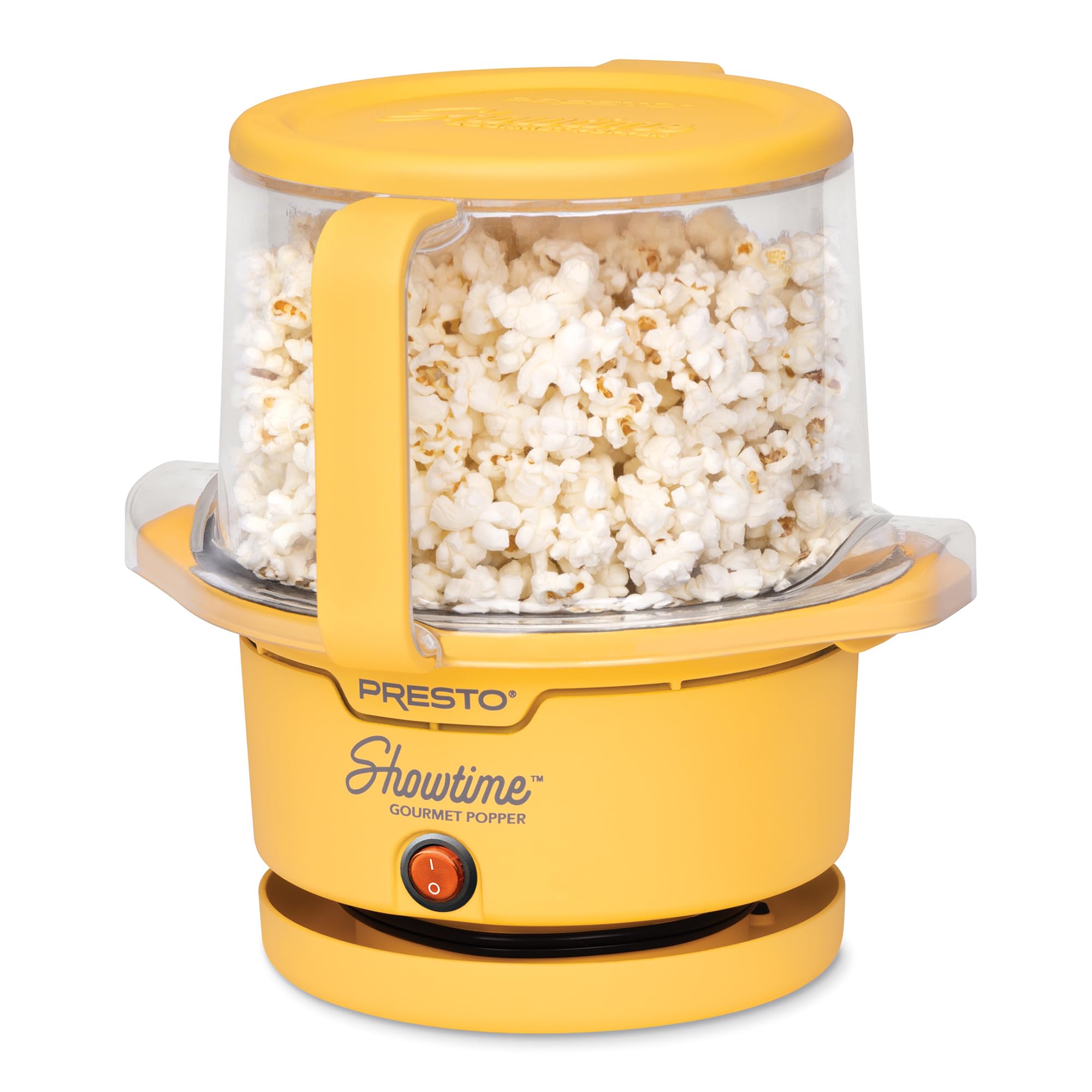 Presto 05206 Showtime Gourmet Oil Popcorn Popper - 9 filiżanek, wbudowana miska do serwowania, kompaktowa konstrukcja, ceramiczna powłoka zapobiegająca przywieraniu, bez PFAS, żółty