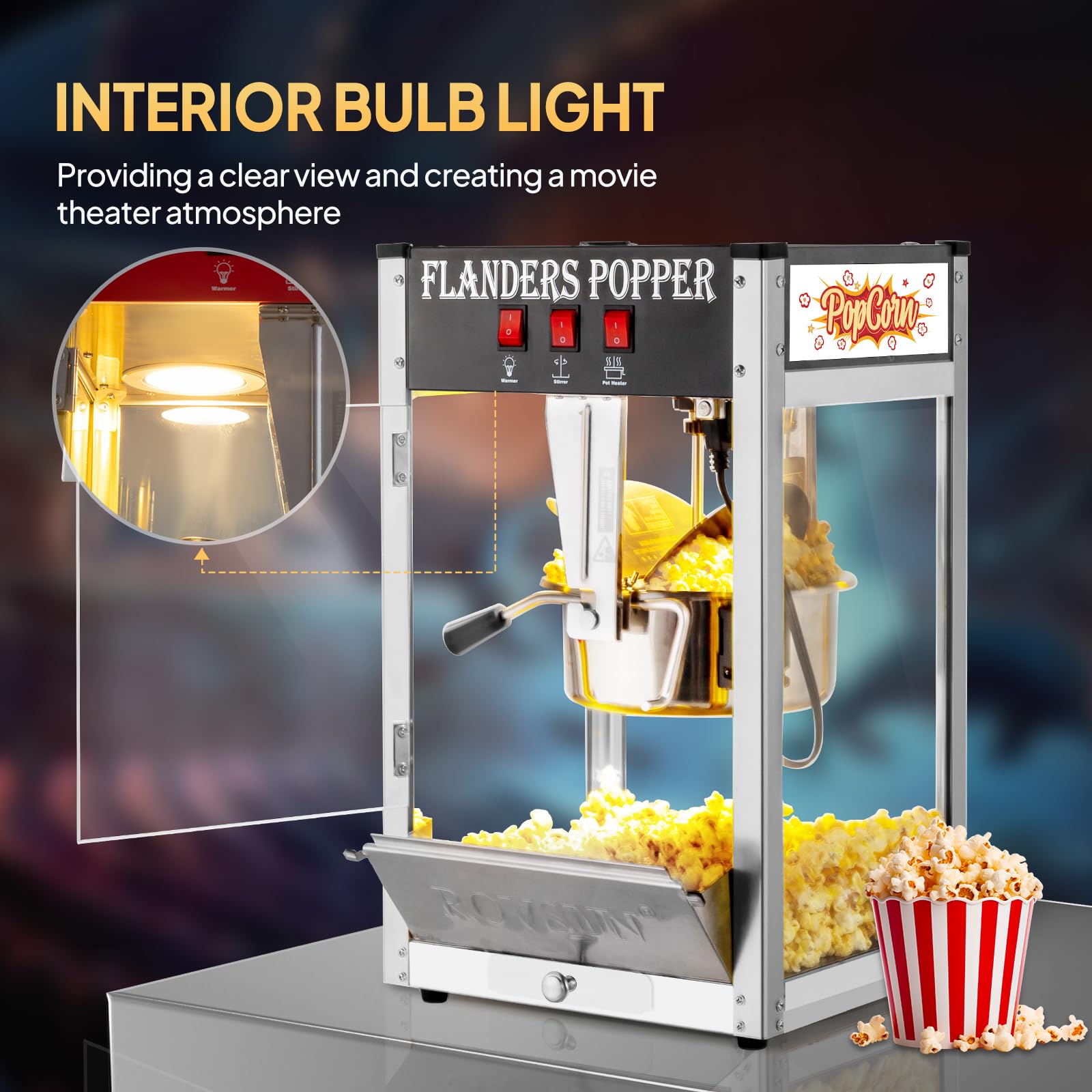 Maszyna do popcornu ROVSUN z czajnikiem 8 uncji, która pozwala przygotować do 32 filiżanek, komercyjna maszyna do popcornu, blatowa maszyna do popcornu ze stalową łyżką, łyżką do oleju i 3 kubkami do popcornu do kina domowego, czarna